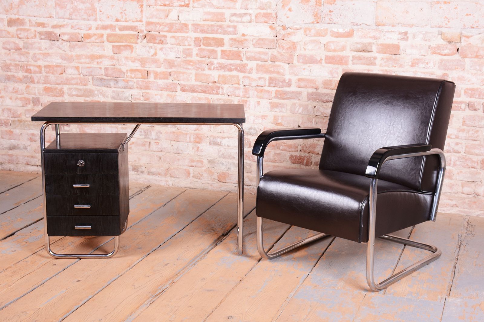 1750.0 Restored Bauhaus Writing Desk, By Robert Slezák, Oak, Chrome, Czech, 1930s photo