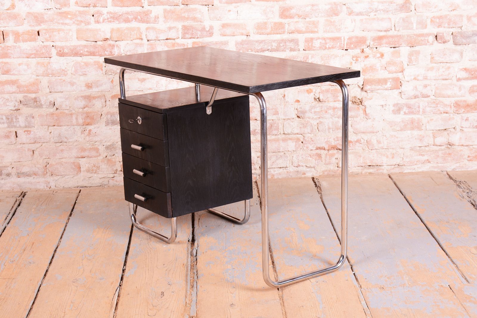photo vintage Restored Bauhaus Writing Desk, By Robert Slezák, Oak, Chrome, Czech, 1930s