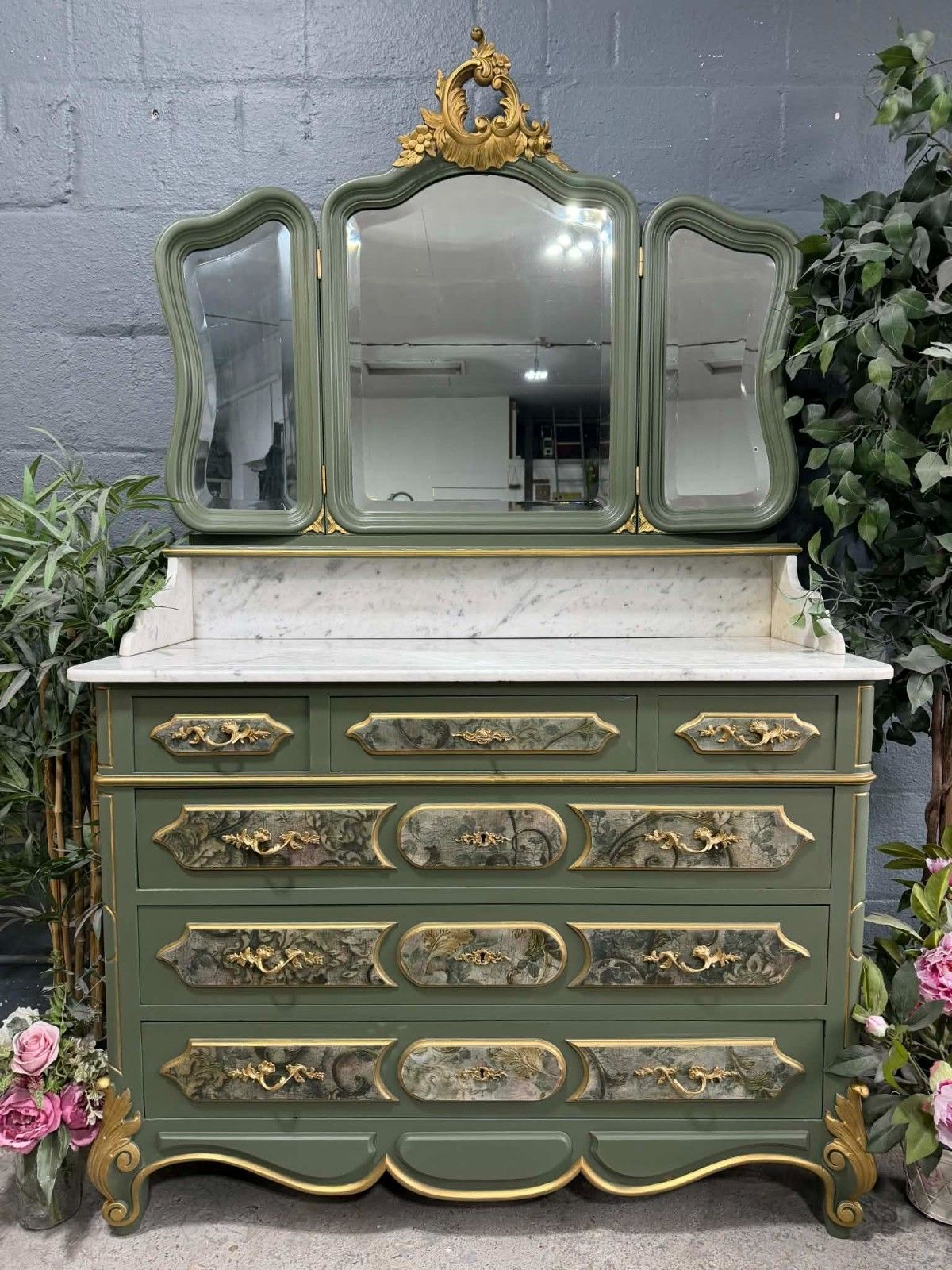 Antique French Louis XV Chest Of Drawers With 3 Way Mirror & Marble Top Upcycled