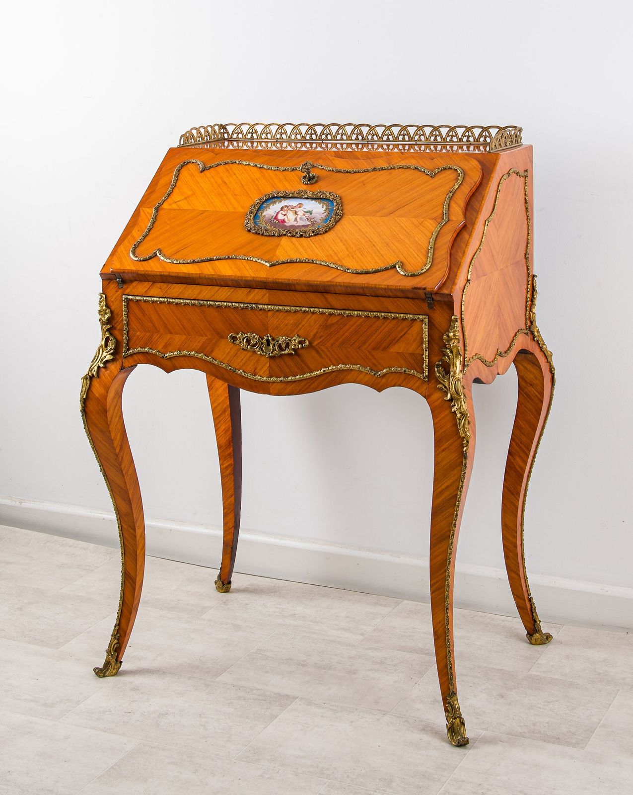 Antique French Kingwood Bureau De Dame With Porcelain Plaque, C.1890 photo furniture