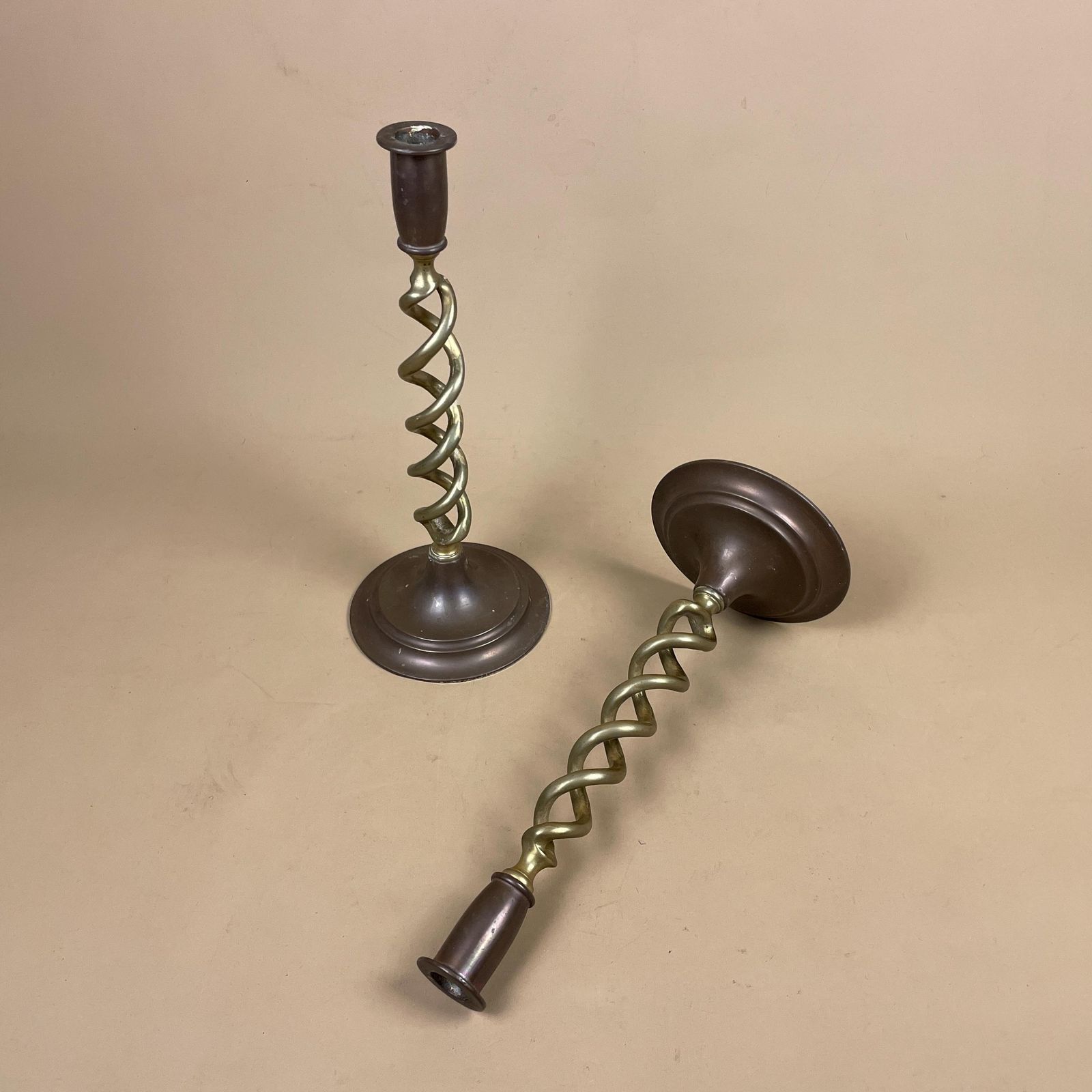 Antique Matching Pair Of Gold Brass Metal Candlestick Candle Stick Holder Vintage Column Taper Dinner Candlesticks Twisted Twist Round Base photo furniture