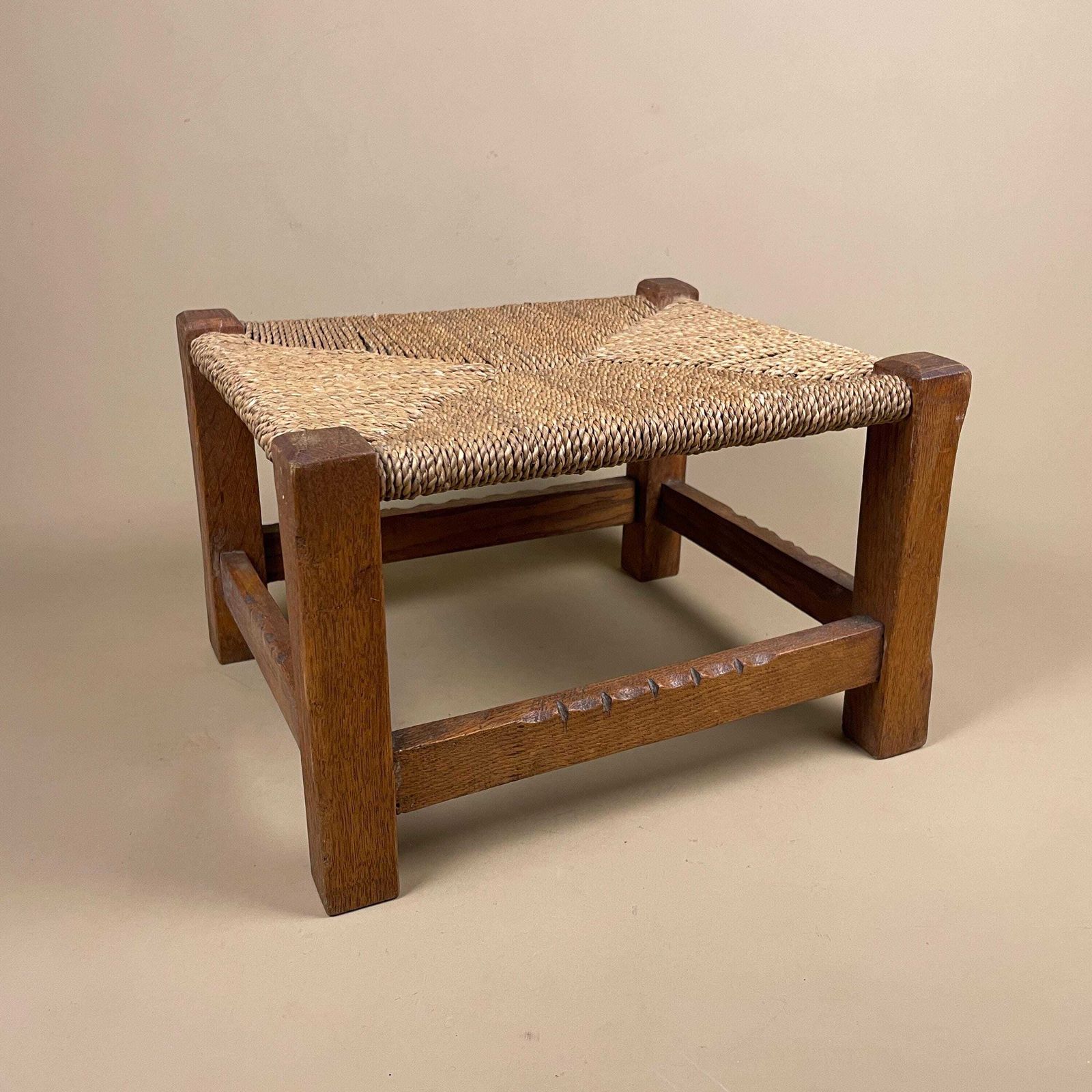 Antique Wooden Stool Woven String Wood Cottage Furniture Rectangle Brown Hallway Seat 22.2x30x34cm Footstool Bench Square photo furniture