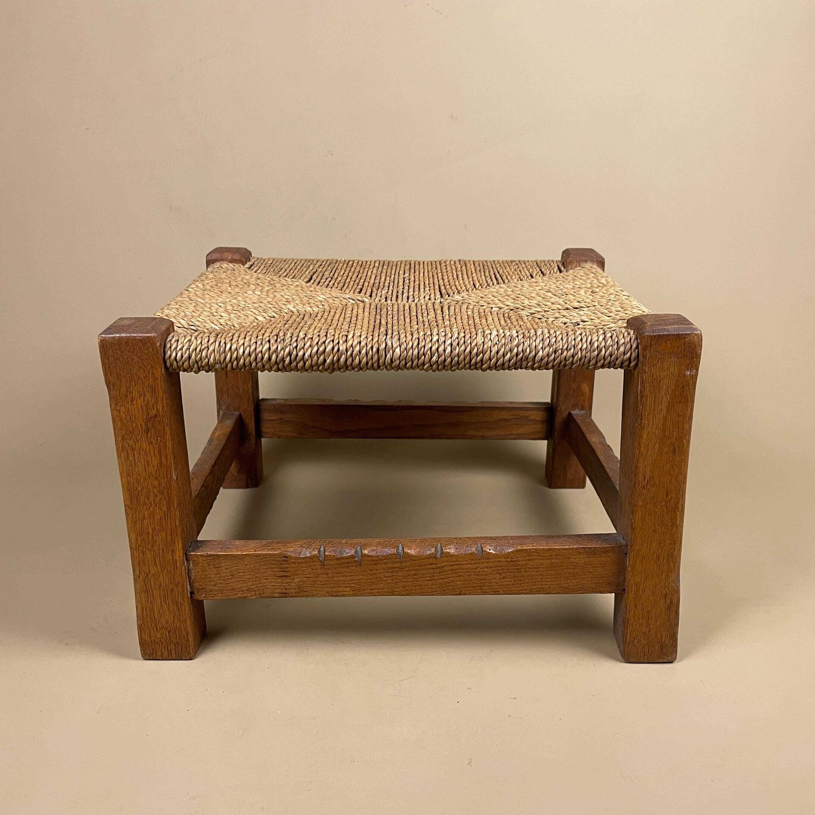 Antique Wooden Stool Woven String Wood Cottage Furniture Rectangle Brown Hallway Seat 22.2x30x34cm Footstool Bench Square photo Furniture