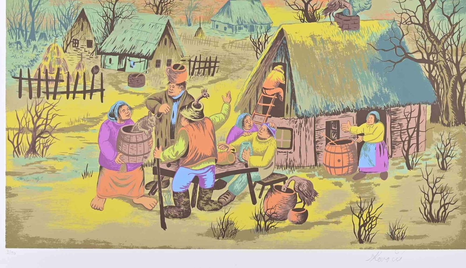 Mijo Kovacic Selo (Village Gathering)   Screenprint By Mijo Kovacic   1980s 1980s photo furniture