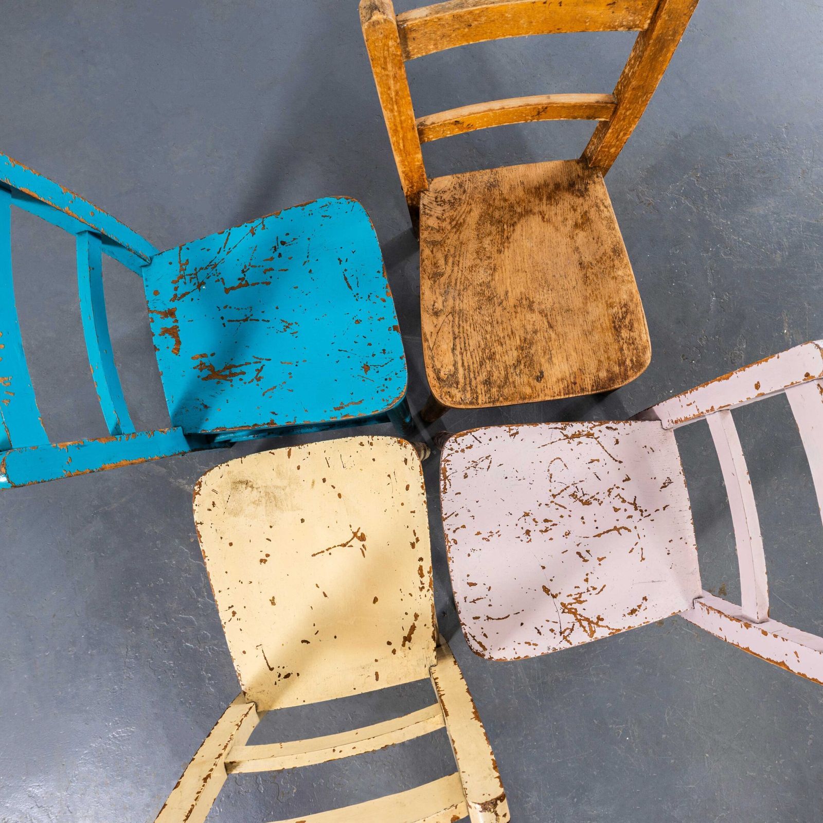 1950’s English Painted Children’s Chapel Chairs Mixed Colour – Set Of Four photo furniture
