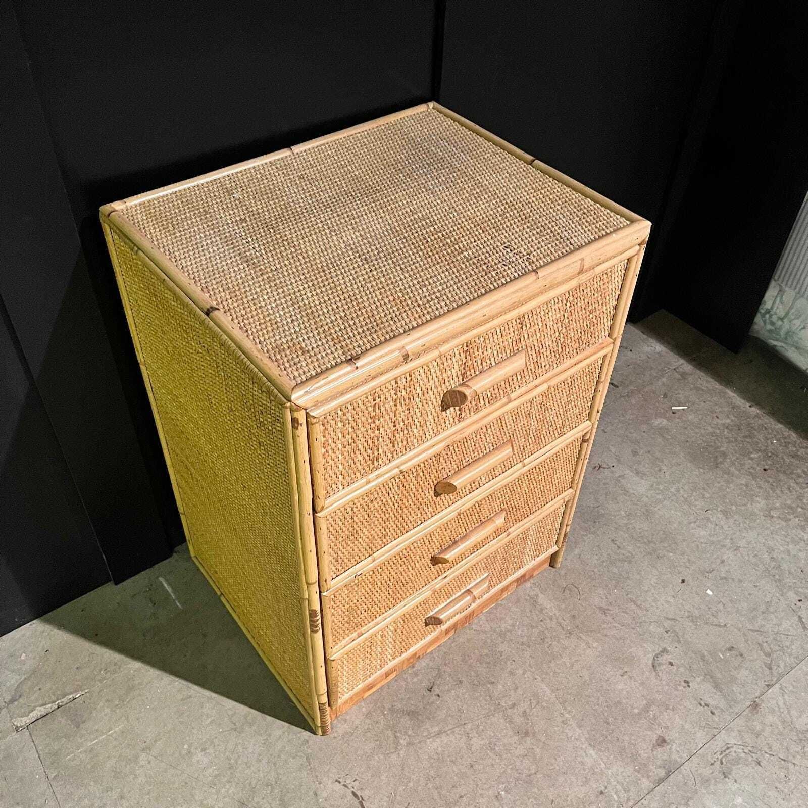 Mid Century Rattan 4 Drawer Bedside Table / Cupboard /Nightstand photo vinterior