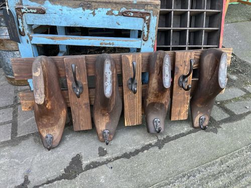 Antique Vintage Wooden Shoe Last X 4 Coat Rack Hooks Wall Mounted