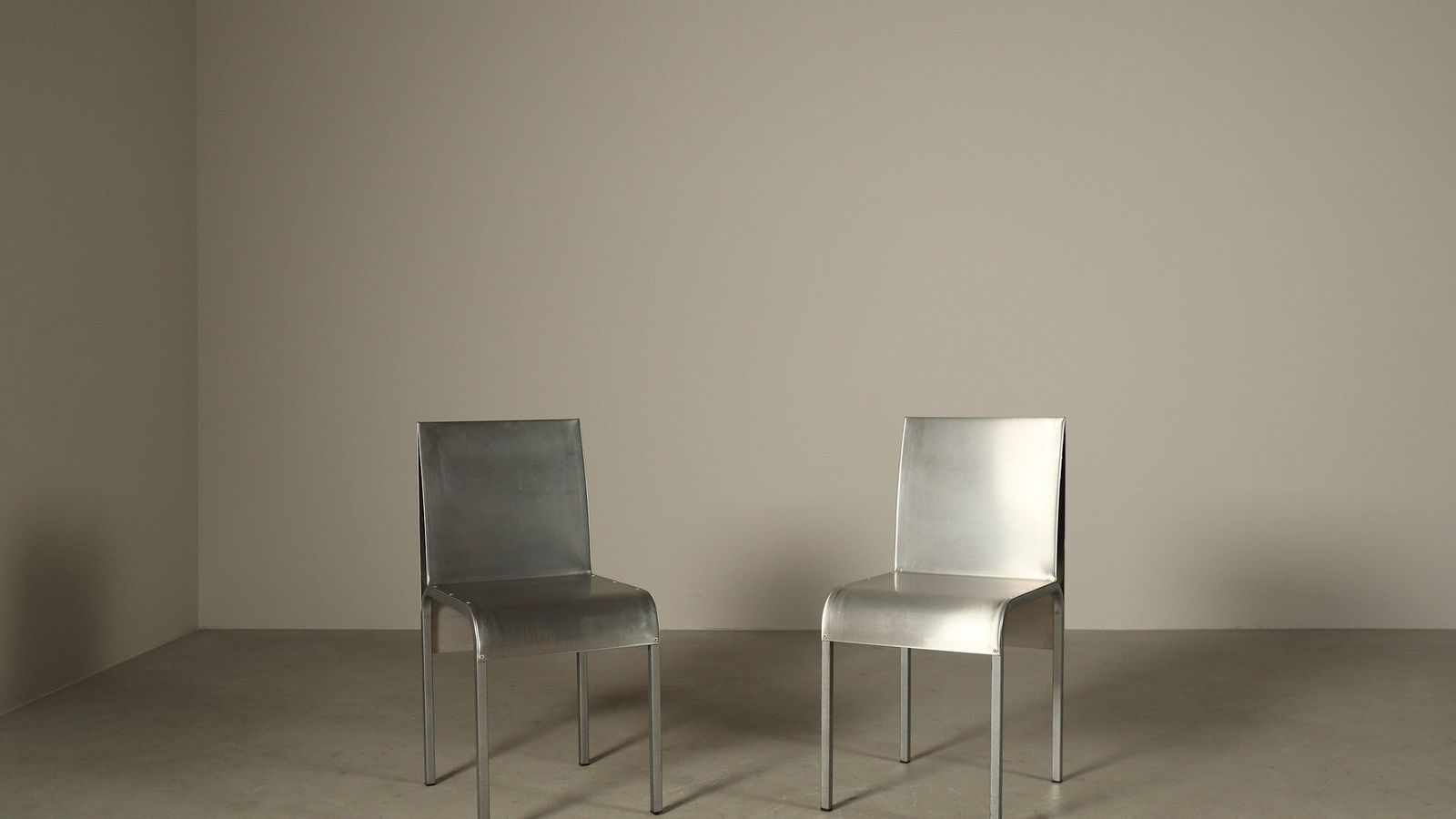 photo for sale Set Of Six Postmodernist Stainless Steel Dining Chairs Dating From Around 1980 1990.