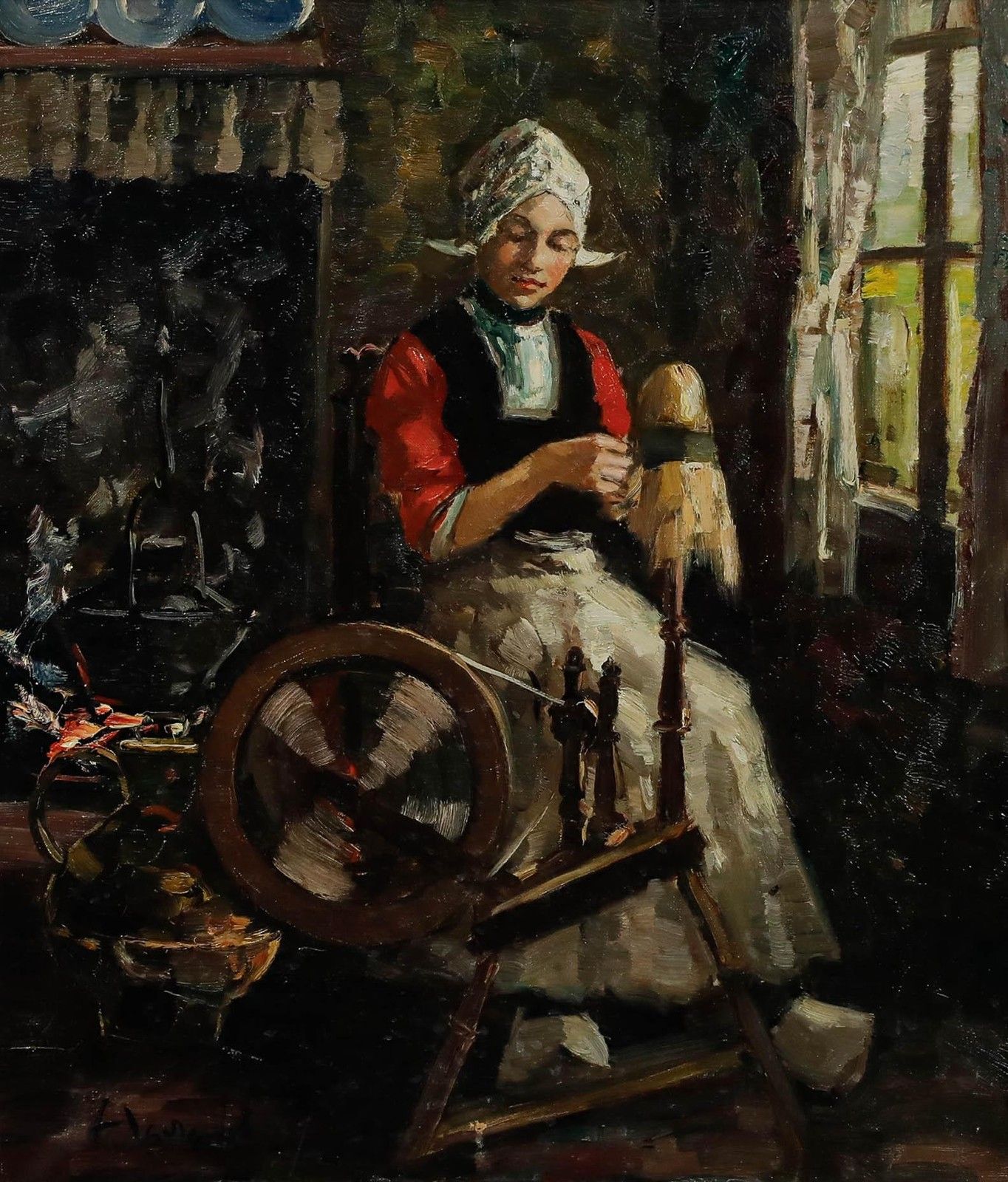 Harry Haerendel (1896 1991) Framed 20th Century Oil, The Spinning Wheel photo furniture