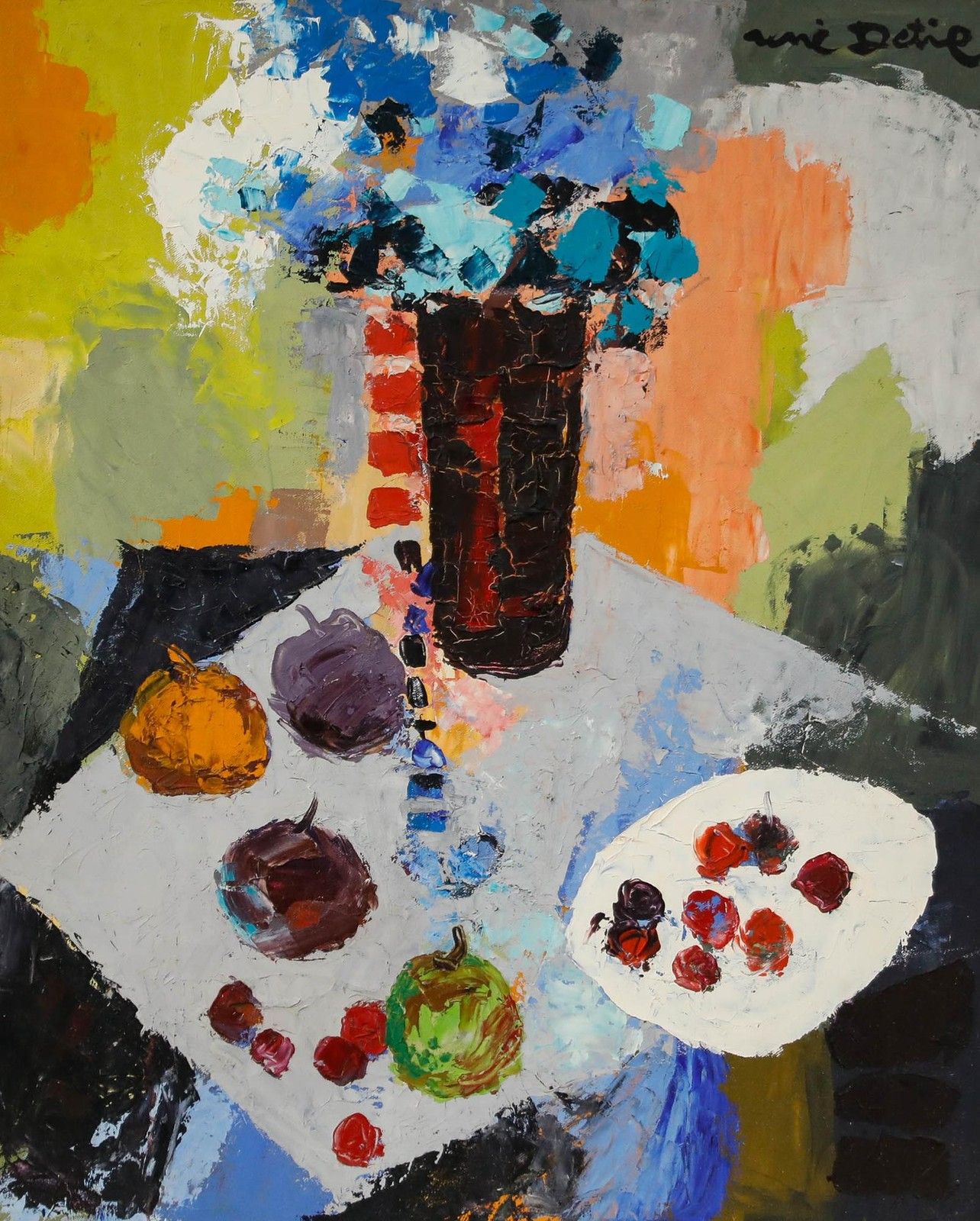 René Detire French School Mid 20th Century Oil, Blue Flowers And Fruit photo furniture