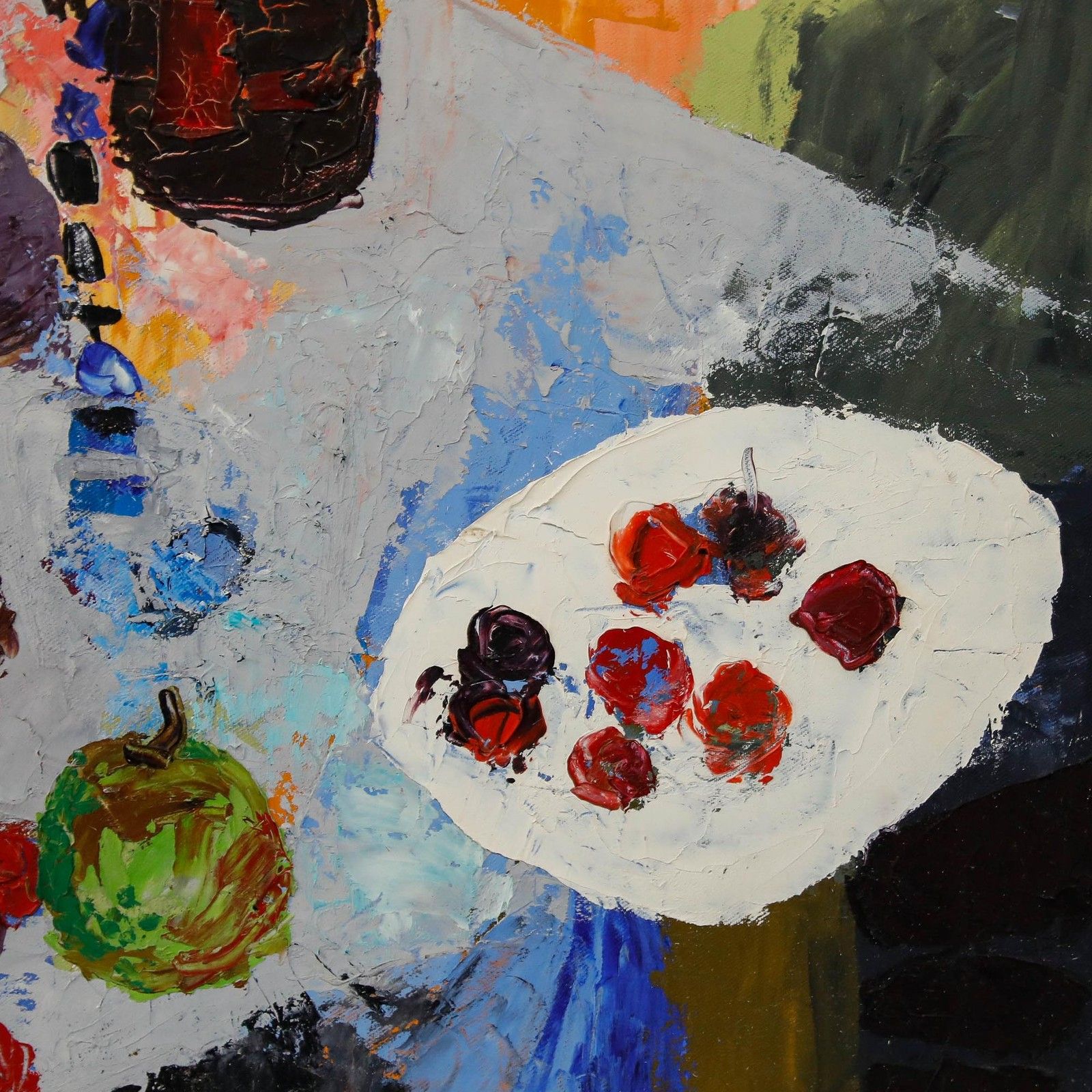 René Detire French School Mid 20th Century Oil, Blue Flowers And Fruit photo Art