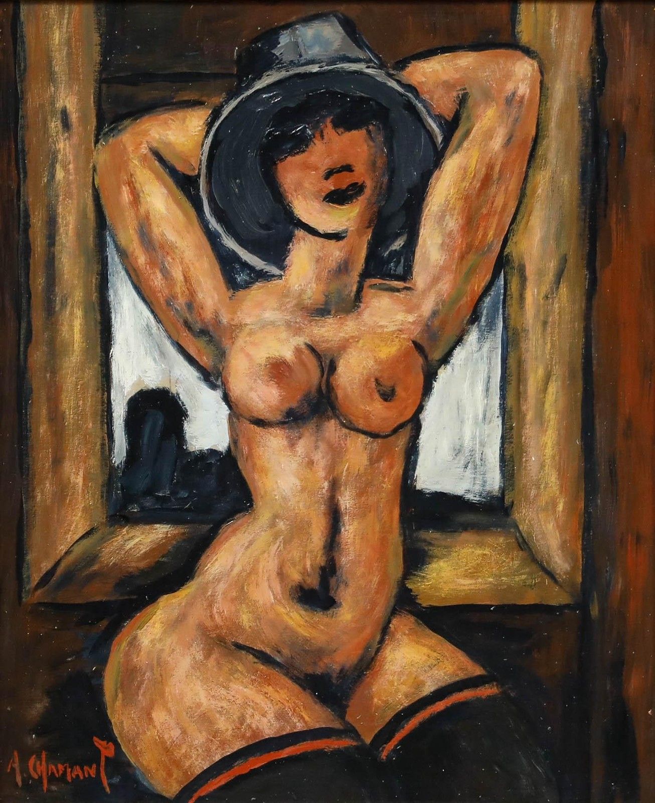 A. Chamant French School 20th Century Oil, Nude With Hat photo furniture