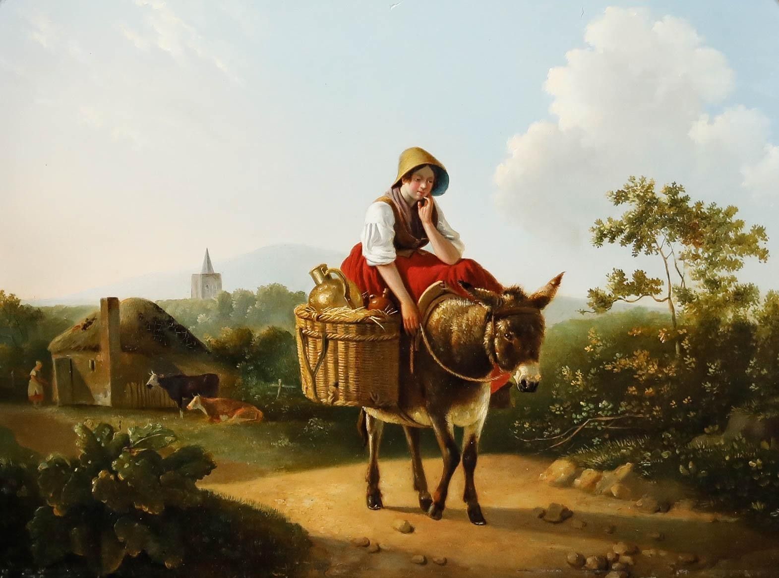Circle Of William Shayer (1787–1879) 19th Century Oil, Girl Riding Donkey photo furniture