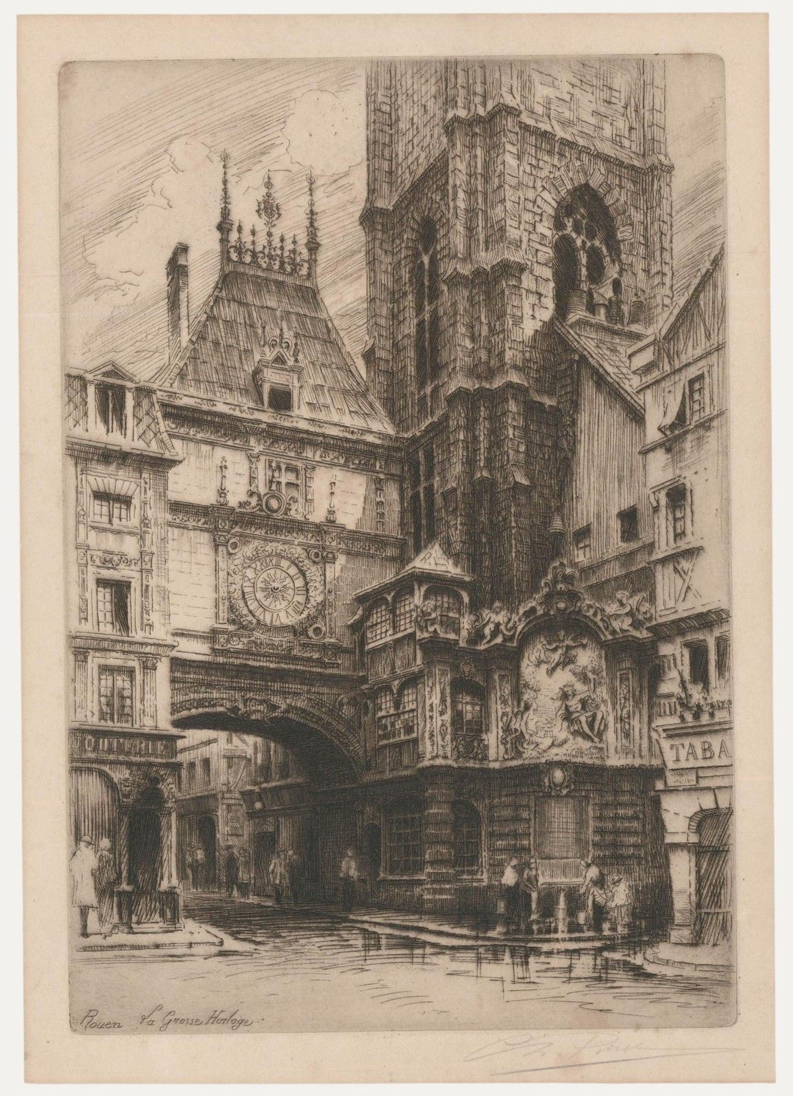 Charles Pinet (1867 1932) Early 20th Century Etching, Rouen La Grosse Horloge