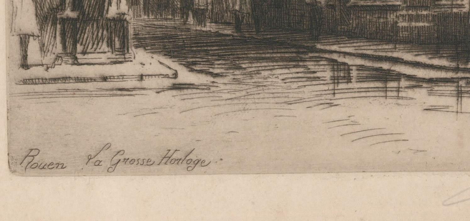 Charles Pinet (1867 1932) Early 20th Century Etching, Rouen La Grosse Horloge photo for sale