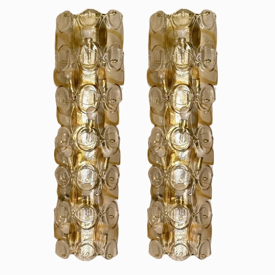 Contemporary Pair Of Brass W/ Transparent And Amber Murano Art Glass Sconces