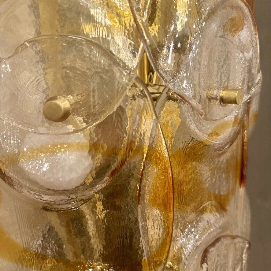 Contemporary Pair Of Brass W/ Transparent And Amber Murano Art Glass Sconces photo Lighting
