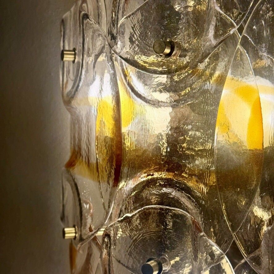 Contemporary Pair Of Brass W/ Transparent And Amber Murano Art Glass Sconces photo buy