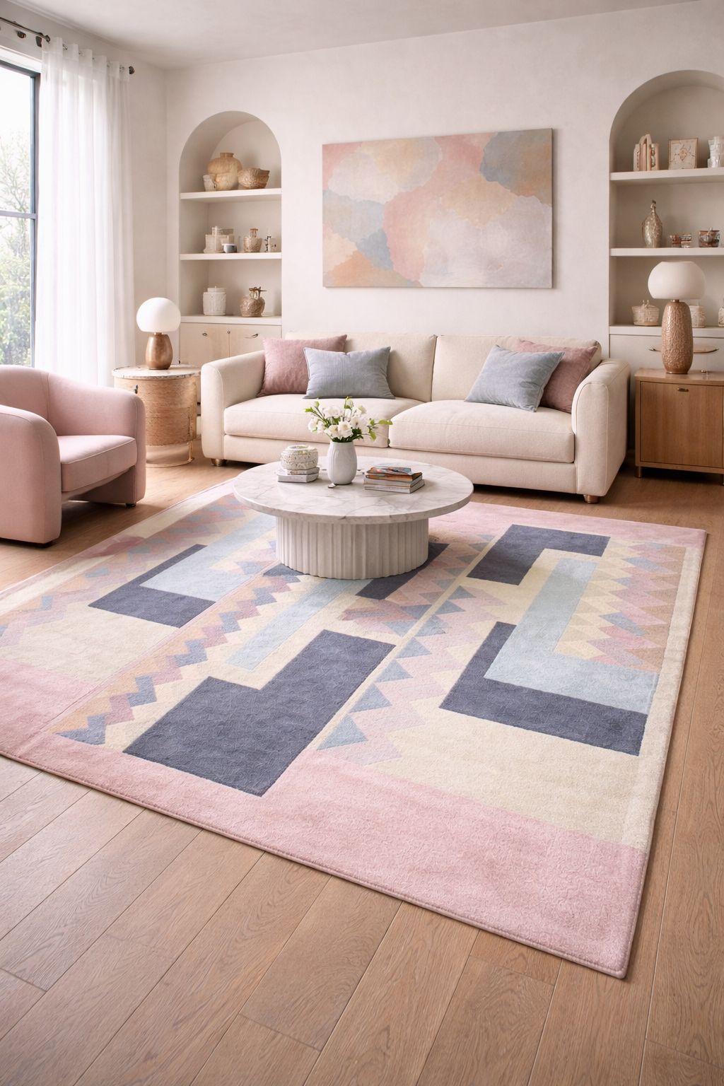 photo furniture Tisca Geometric Pattern Hand Tufted Wool Rug, Signed “Iles”, France, 1990s