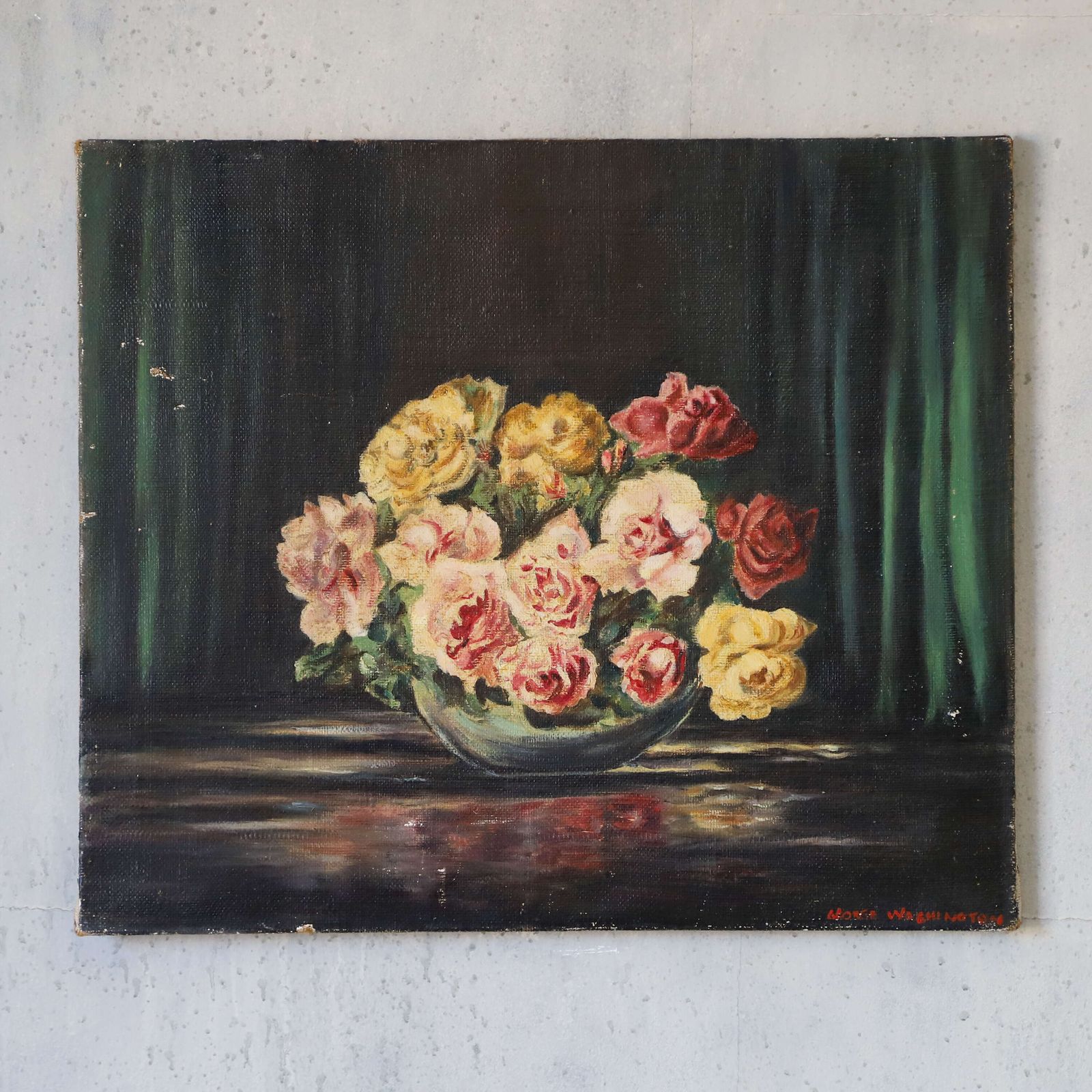 Charming Still Life Oil On Canvas Painting ‘Bowl Of Roses’ 1962 photo furniture