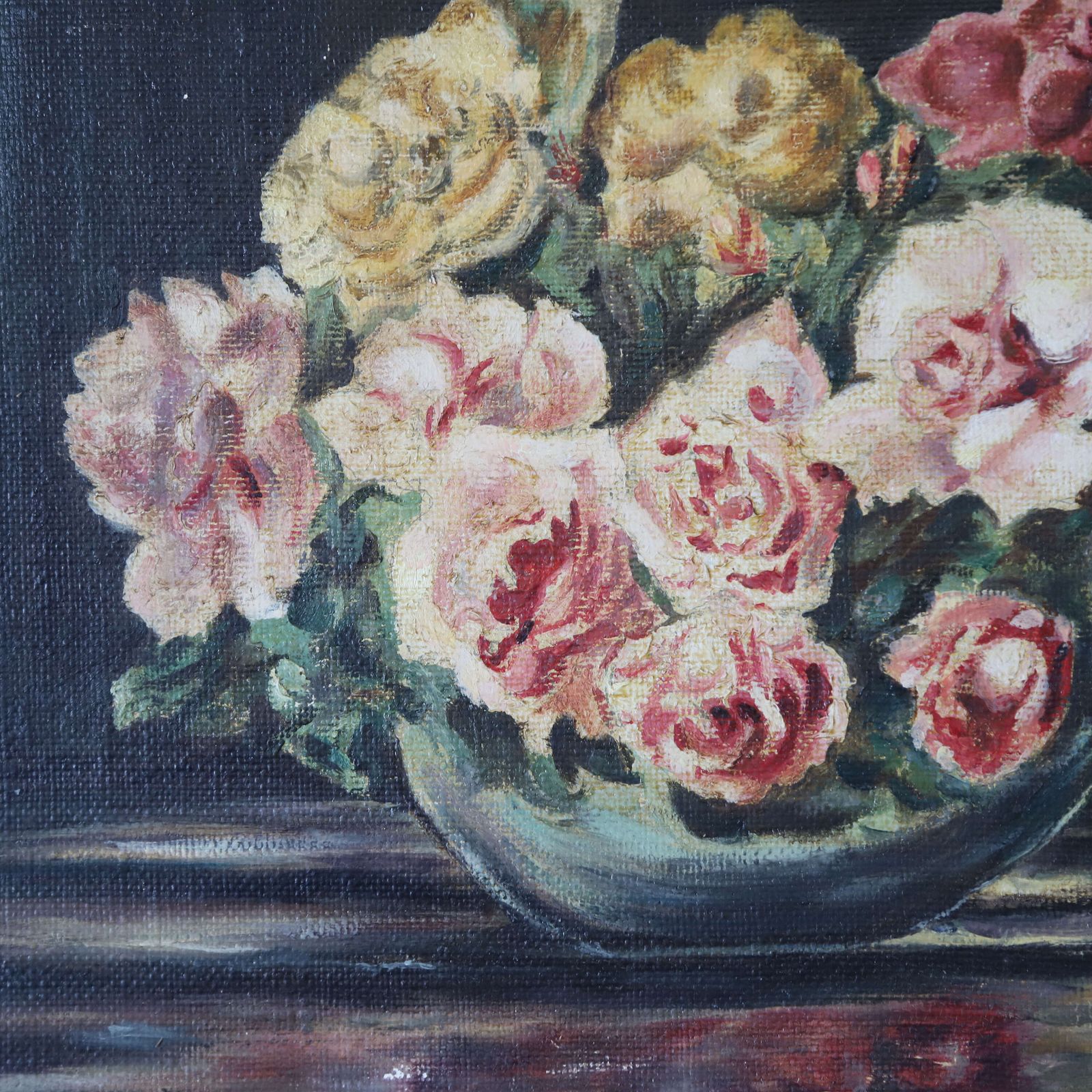 Charming Still Life Oil On Canvas Painting ‘Bowl Of Roses’ 1962 photo Art