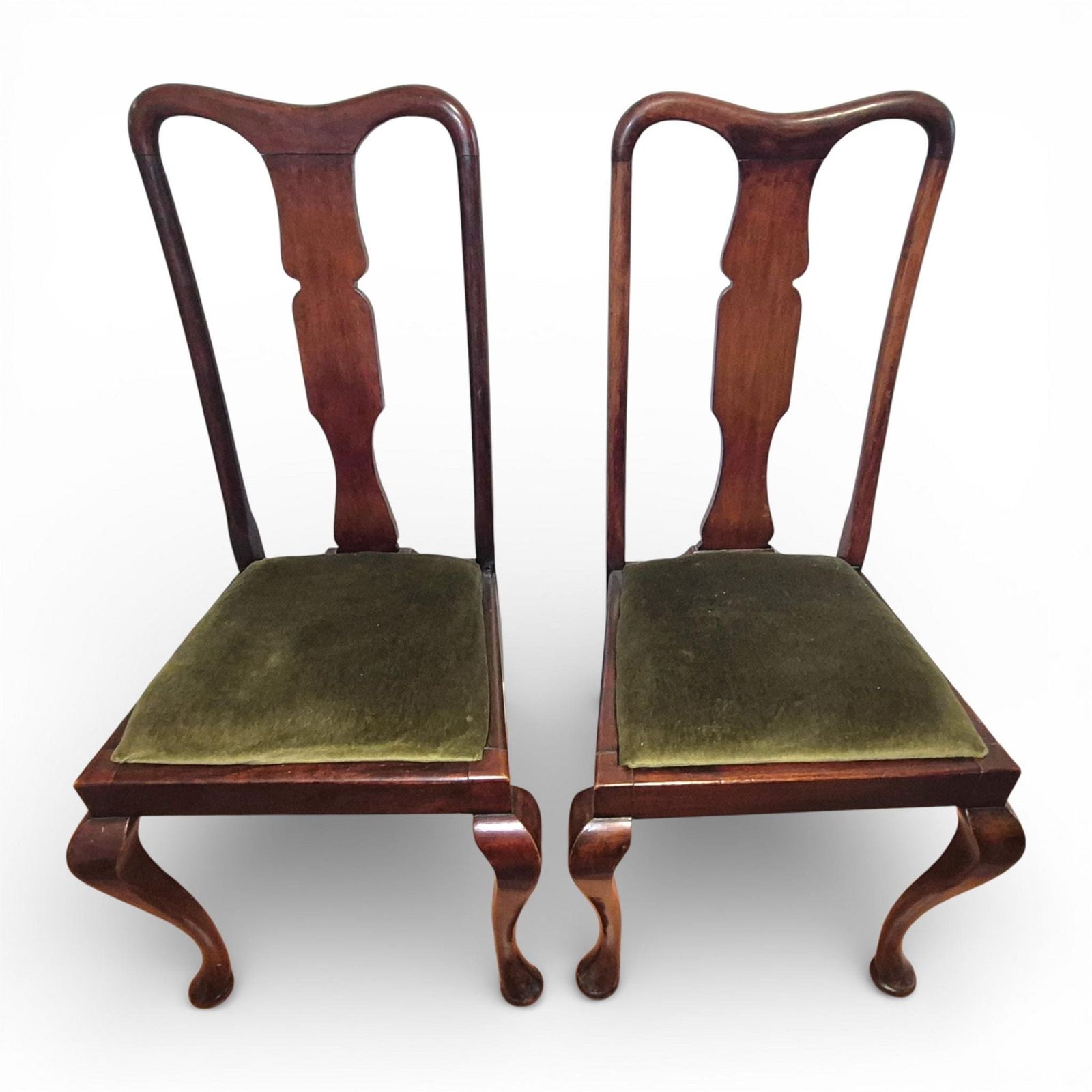 Pair Of Queen Anne Style Mahogany High Back Dining Chairs | Upholstered Seats