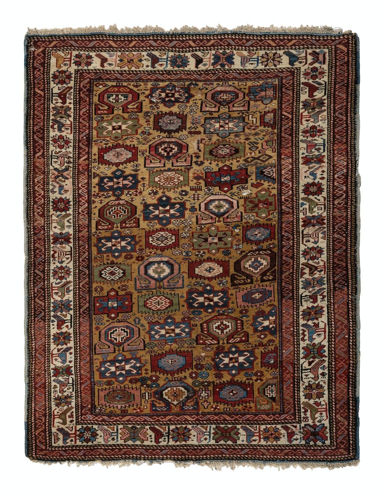 4.3x5.7 Ft Antique Yellow Ground Kuba (Quba) Rug With Birds, North East Caucasus