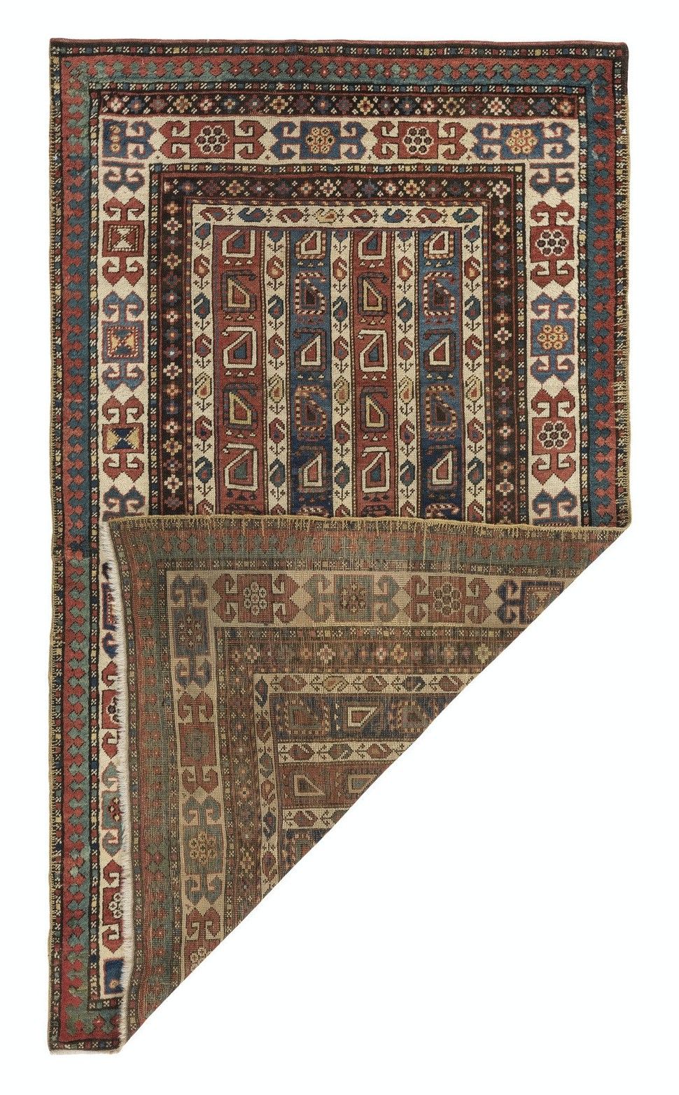4x7 Ft Rare Antique Karabagh Kazak Rug With Diagonal Stripes And Botehs, Ca 1860 photo Textiles