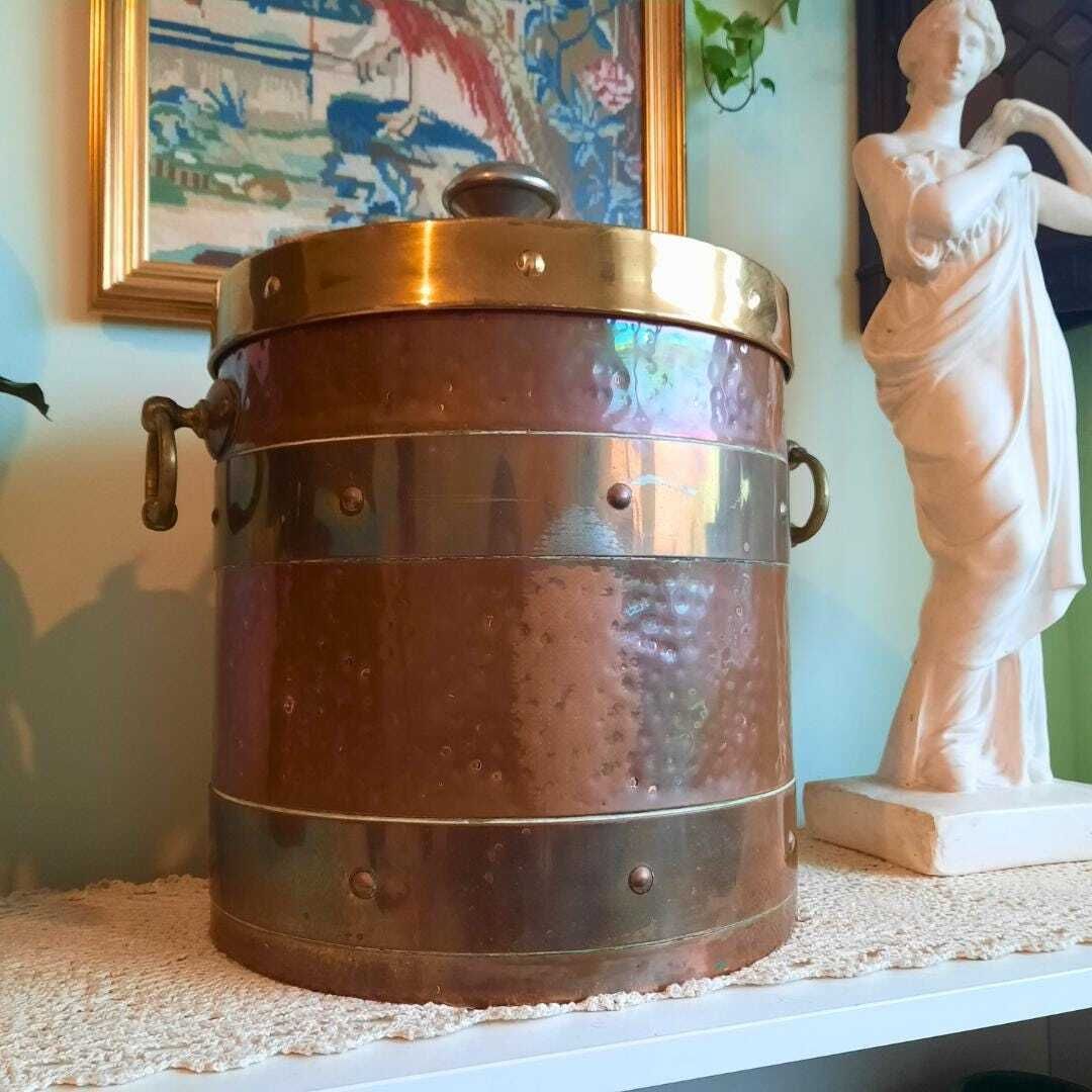 Large Antique Edwardian Copper And Brass Lidded Coal Or Logs Bin Fireplace Decor