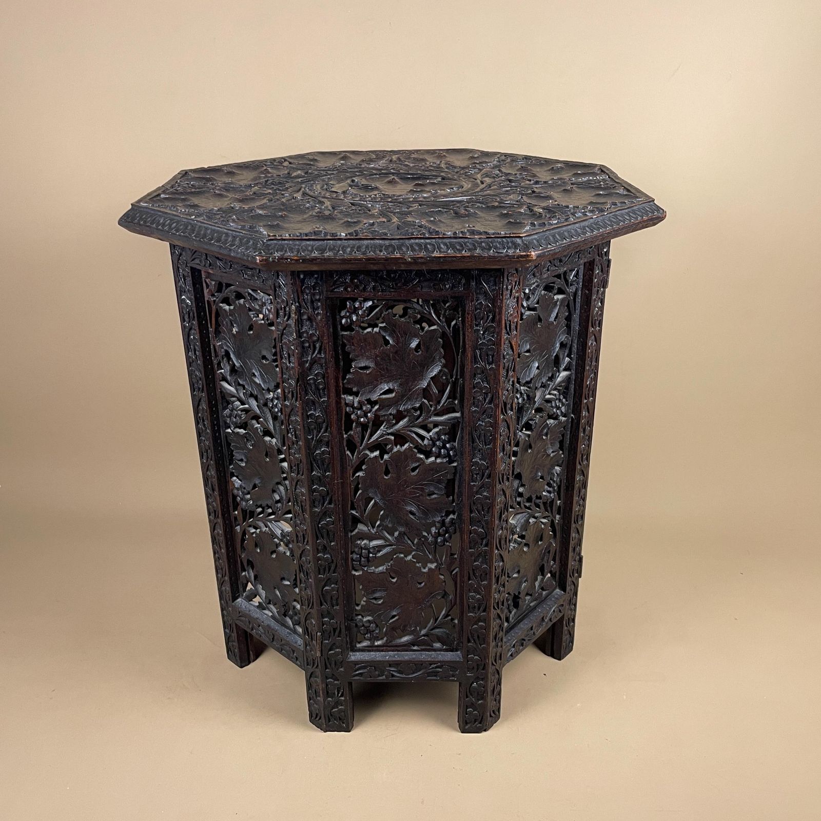 Anglo Indian Wooden Table Fold Down Campaign Decorative Intricate Patterned Hand Crafted Octogan C.1900 Antique Plant Stand Carved Wood photo furniture