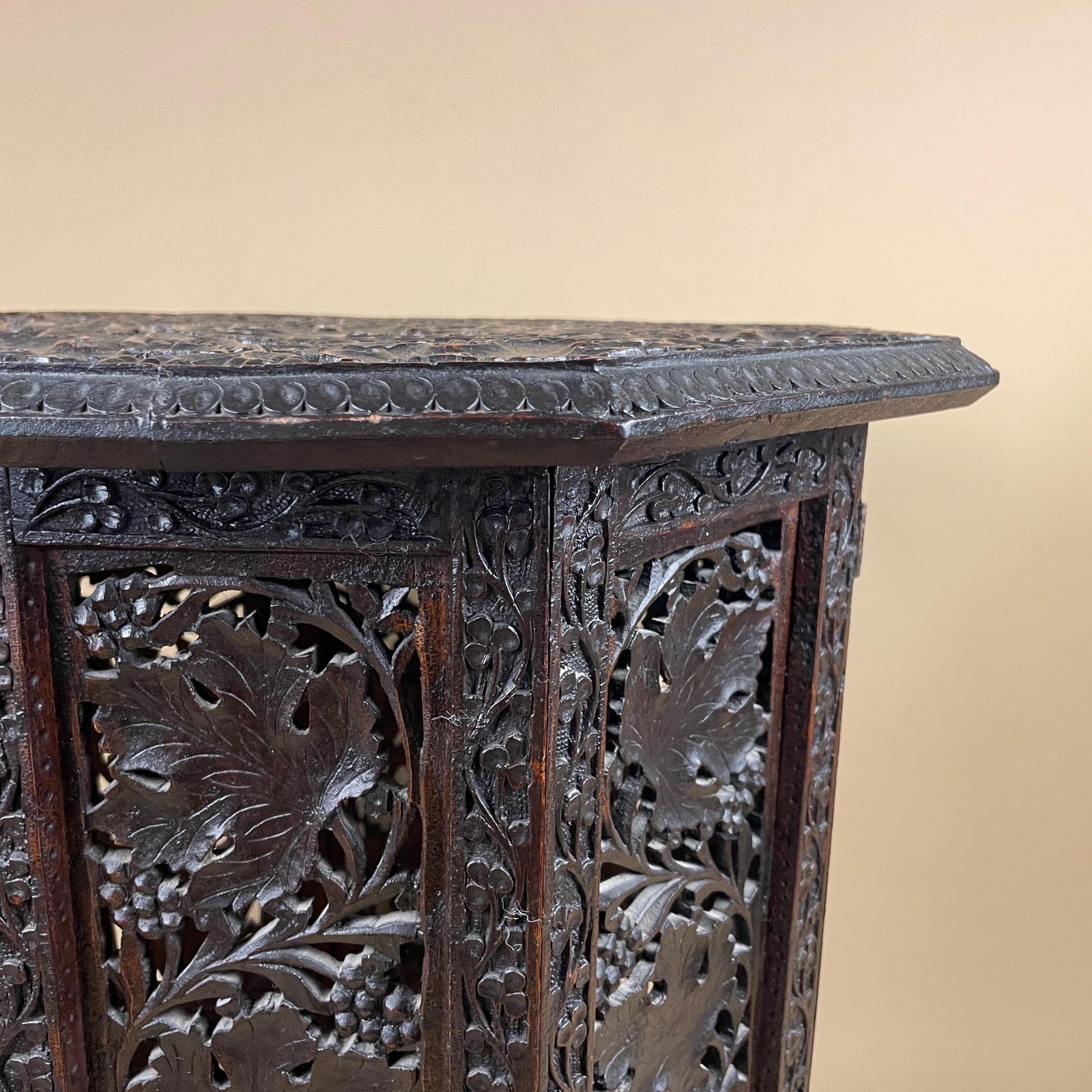 Anglo Indian Wooden Table Fold Down Campaign Decorative Intricate Patterned Hand Crafted Octogan C.1900 Antique Plant Stand Carved Wood photo Furniture