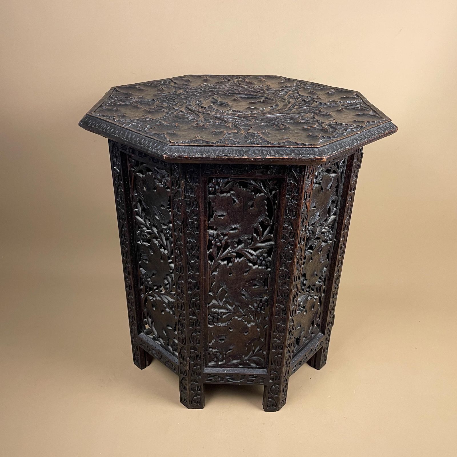 Anglo Indian Wooden Table Fold Down Campaign Decorative Intricate Patterned Hand Crafted Octogan C.1900 Antique Plant Stand Carved Wood photo vintage