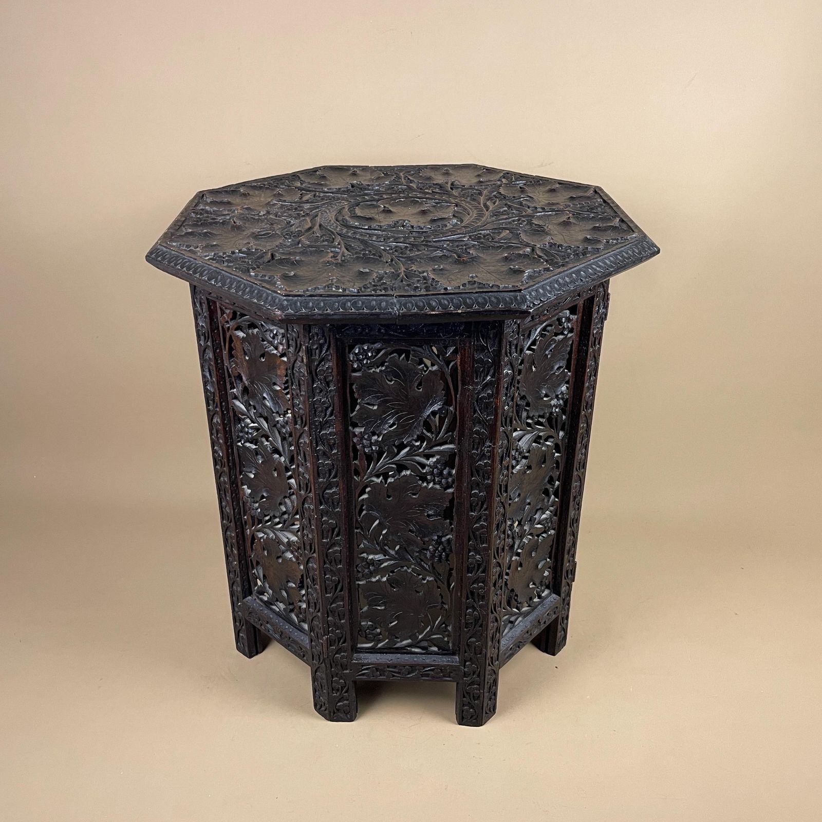 photo buy Anglo Indian Wooden Table Fold Down Campaign Decorative Intricate Patterned Hand Crafted Octogan C.1900 Antique Plant Stand Carved Wood