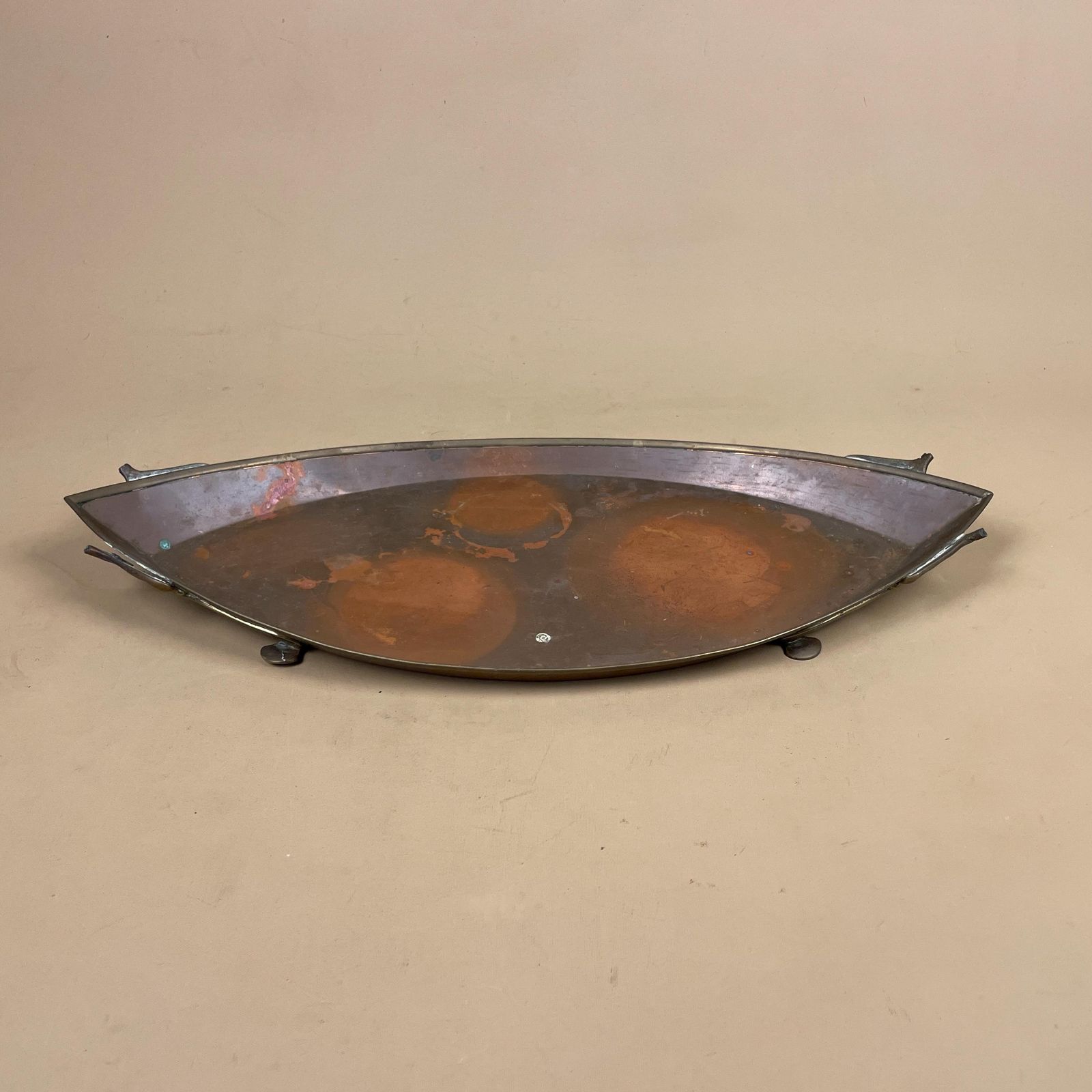 Antique Metal Copper Tray Boat Oval Shape Brass Feet Plate Handmade Art Intricate Vintage Decorative Traditional Serving Display Art Nouveau photo 50.0