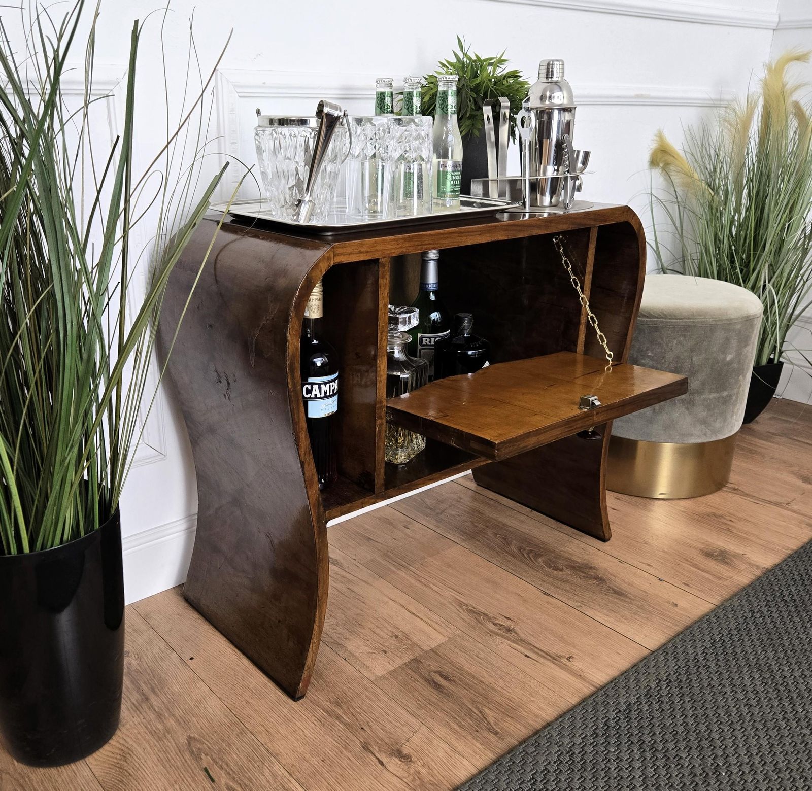 Italian 1940s Art Deco Midcentury Walnut Waterfall Dry Bar Cocktail Cabinet photo Furniture