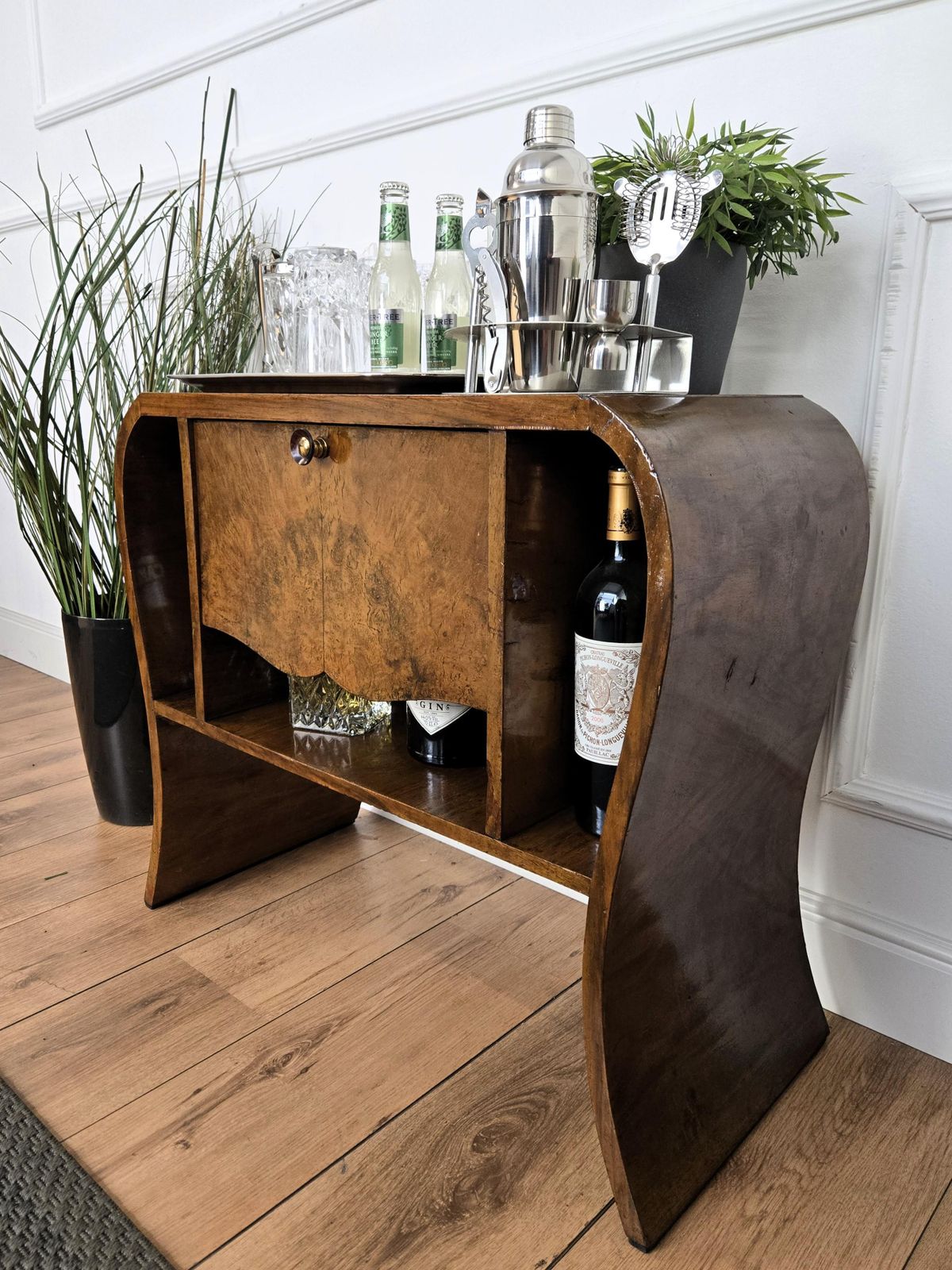 Italian 1940s Art Deco Midcentury Walnut Waterfall Dry Bar Cocktail Cabinet photo vinterior