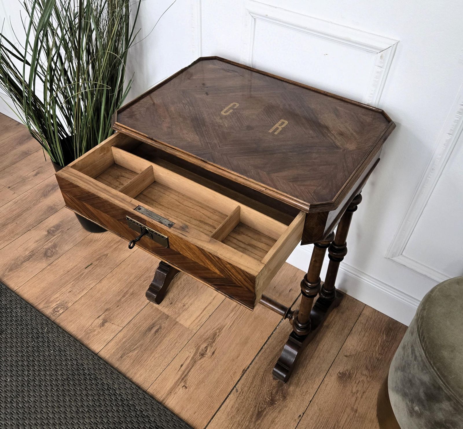Antique Italian Inlay Veneer Wood Bobbin Barley Twist Legs Sewing Side Table photo buy