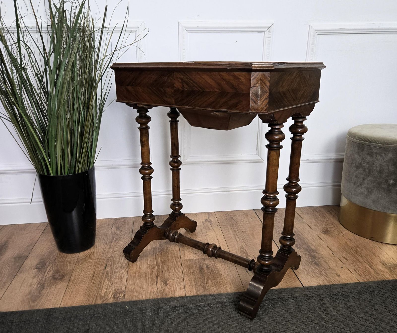 photo for sale Antique Italian Inlay Veneer Wood Bobbin Barley Twist Legs Sewing Side Table