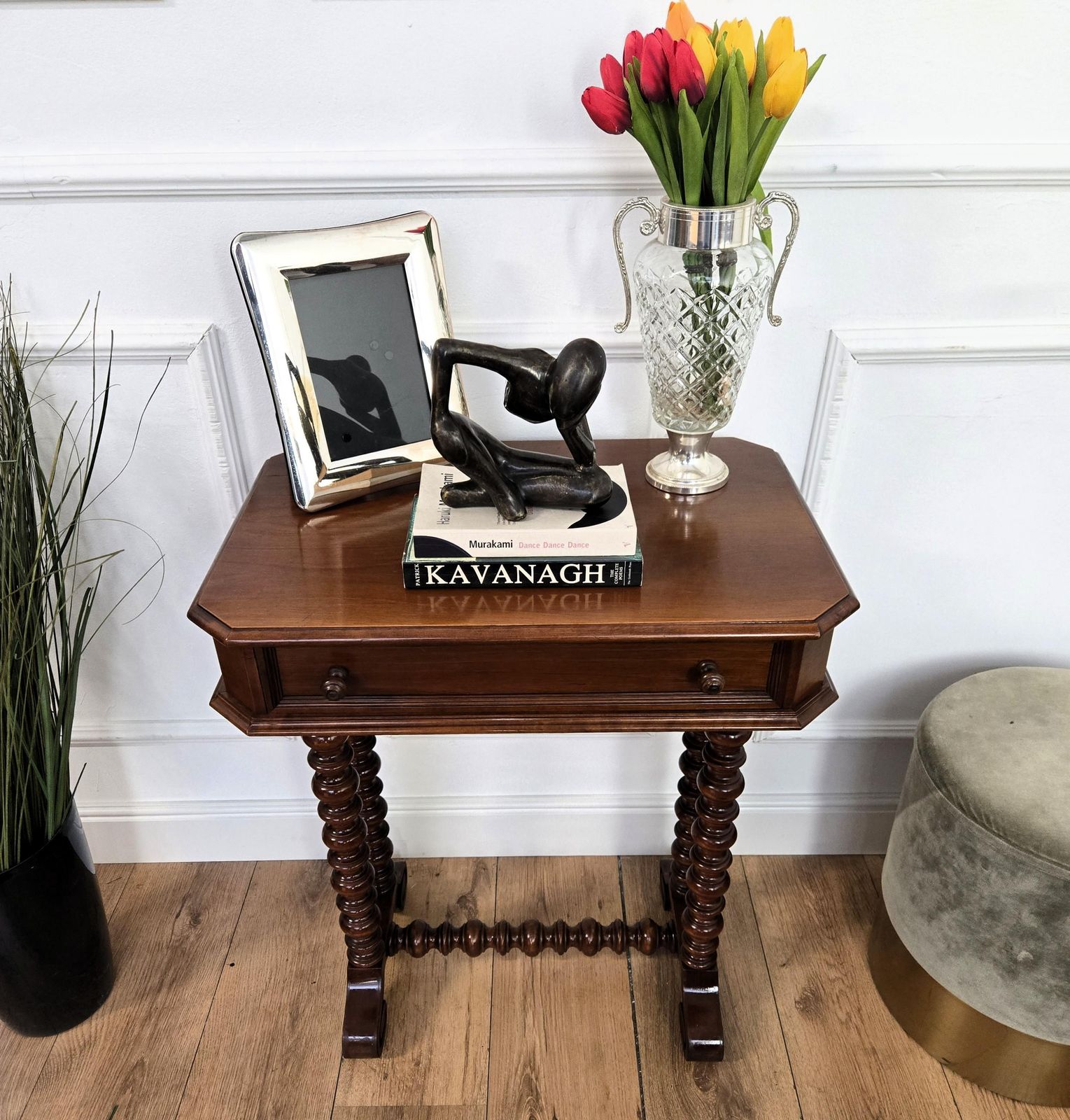 Antique Italian Carved Wood Bobbin Barley Twist Legs Sewing Table Side Table photo furniture