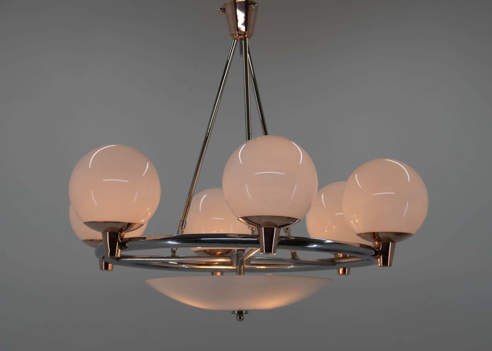 1930s Art Deco Chandelier: Chrome, Copper & Opaline Glass From Czech photo furniture