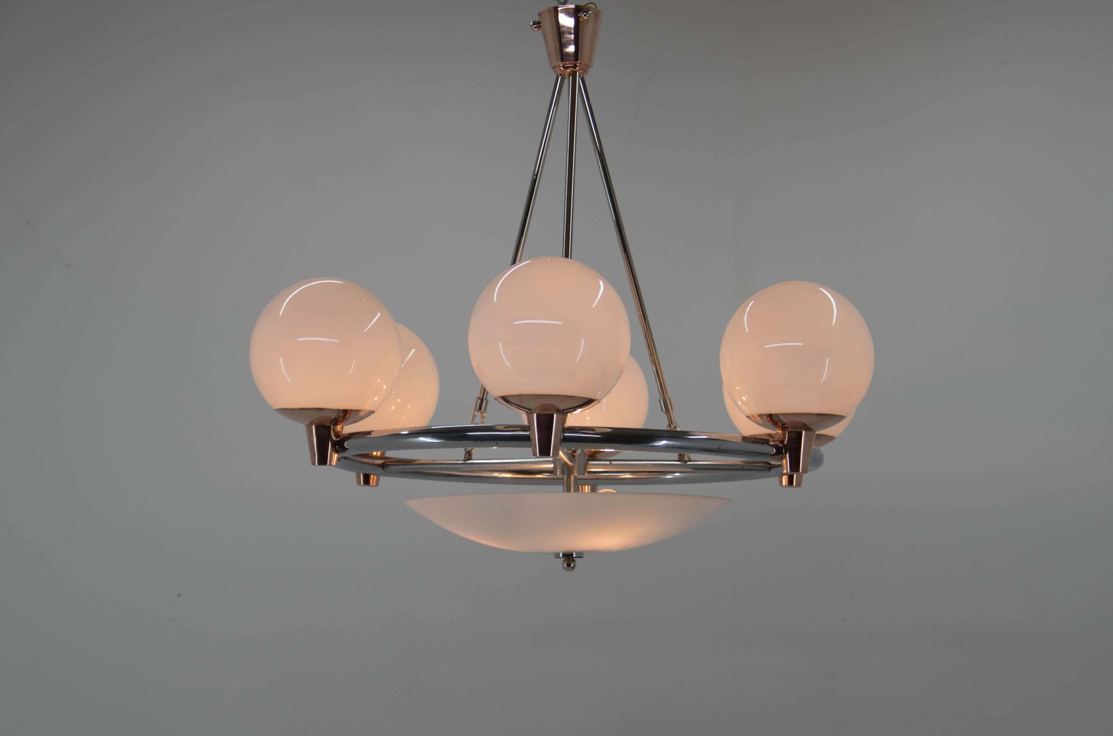 1930s Art Deco Chandelier: Chrome, Copper & Opaline Glass From Czech photo for sale