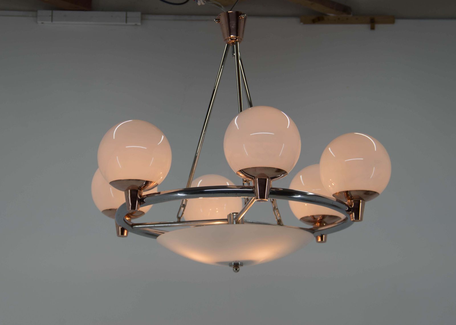 photo for sale 1930s Art Deco Chandelier: Chrome, Copper & Opaline Glass From Czech