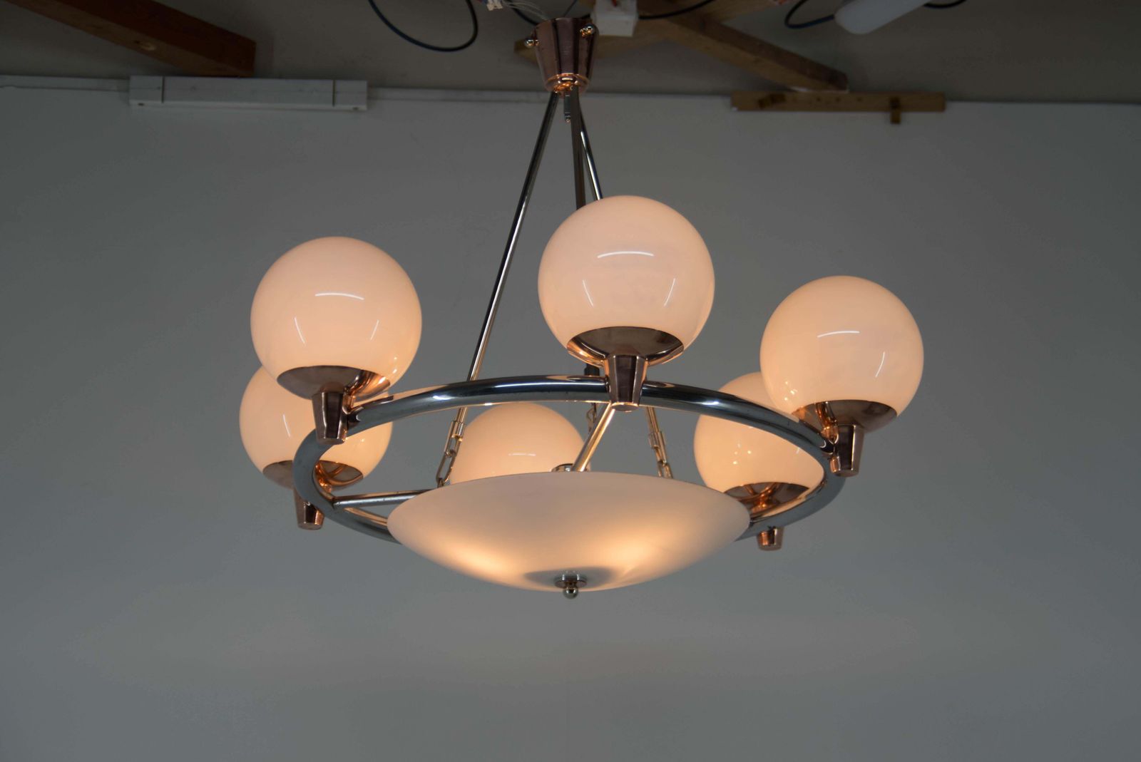 2540.0 1930s Art Deco Chandelier: Chrome, Copper & Opaline Glass From Czech photo