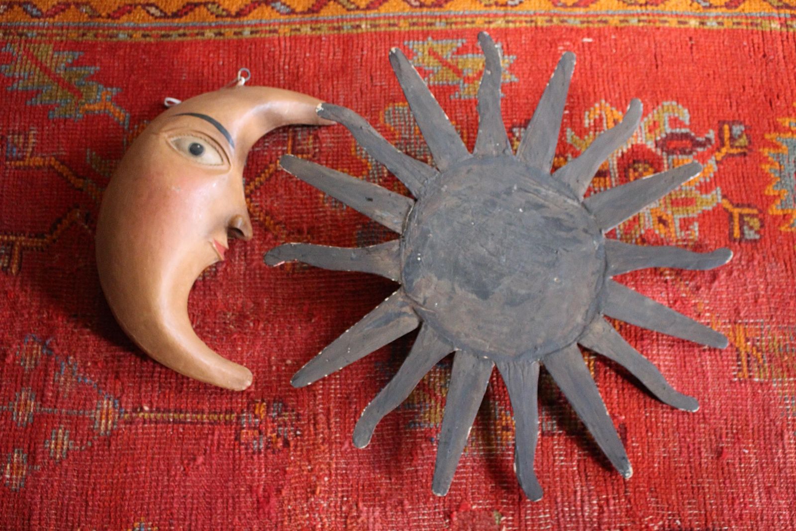 photo for sale Early 20th Century Folk Art Toleware Moon Carved Wooden Sun Trade Sign