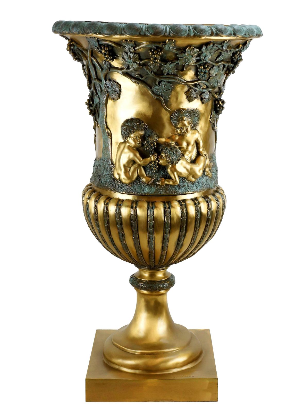 Tall Napoléon III Style Bronze Chalice Vase With Sculpted Reliefs photo vintage