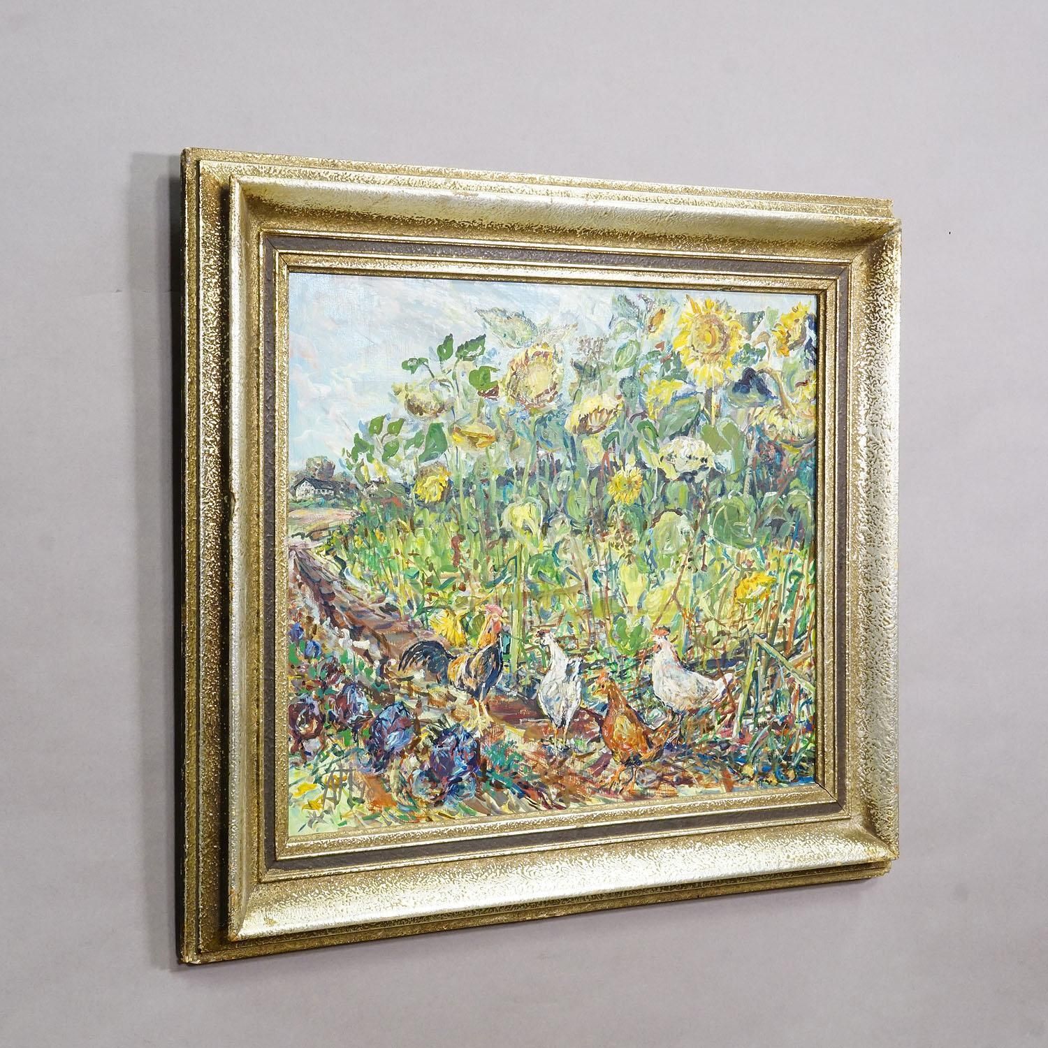Sunflower Field With Chickens – Original Oil Painting By Alexander Michael, 1990 photo Art