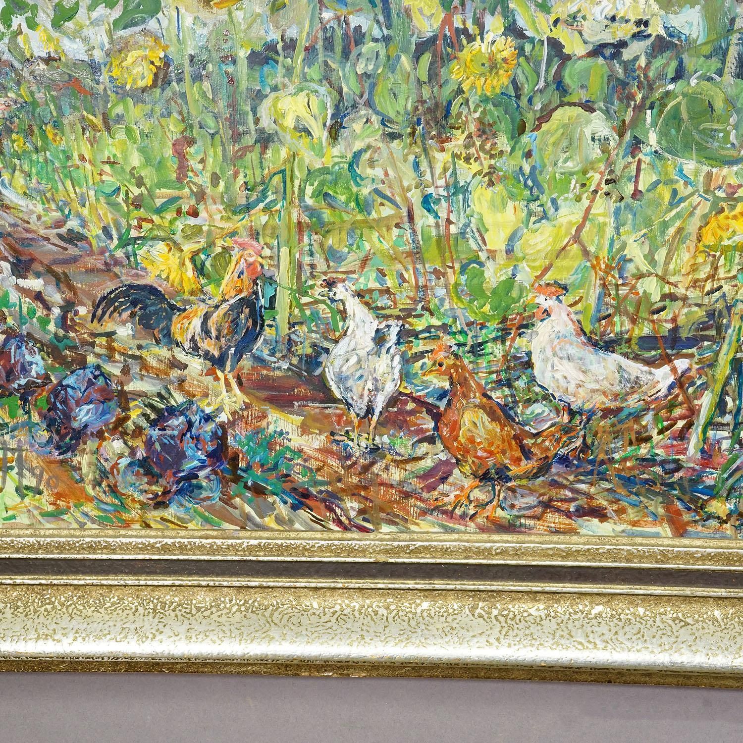 Sunflower Field With Chickens – Original Oil Painting By Alexander Michael, 1990 photo vinterior