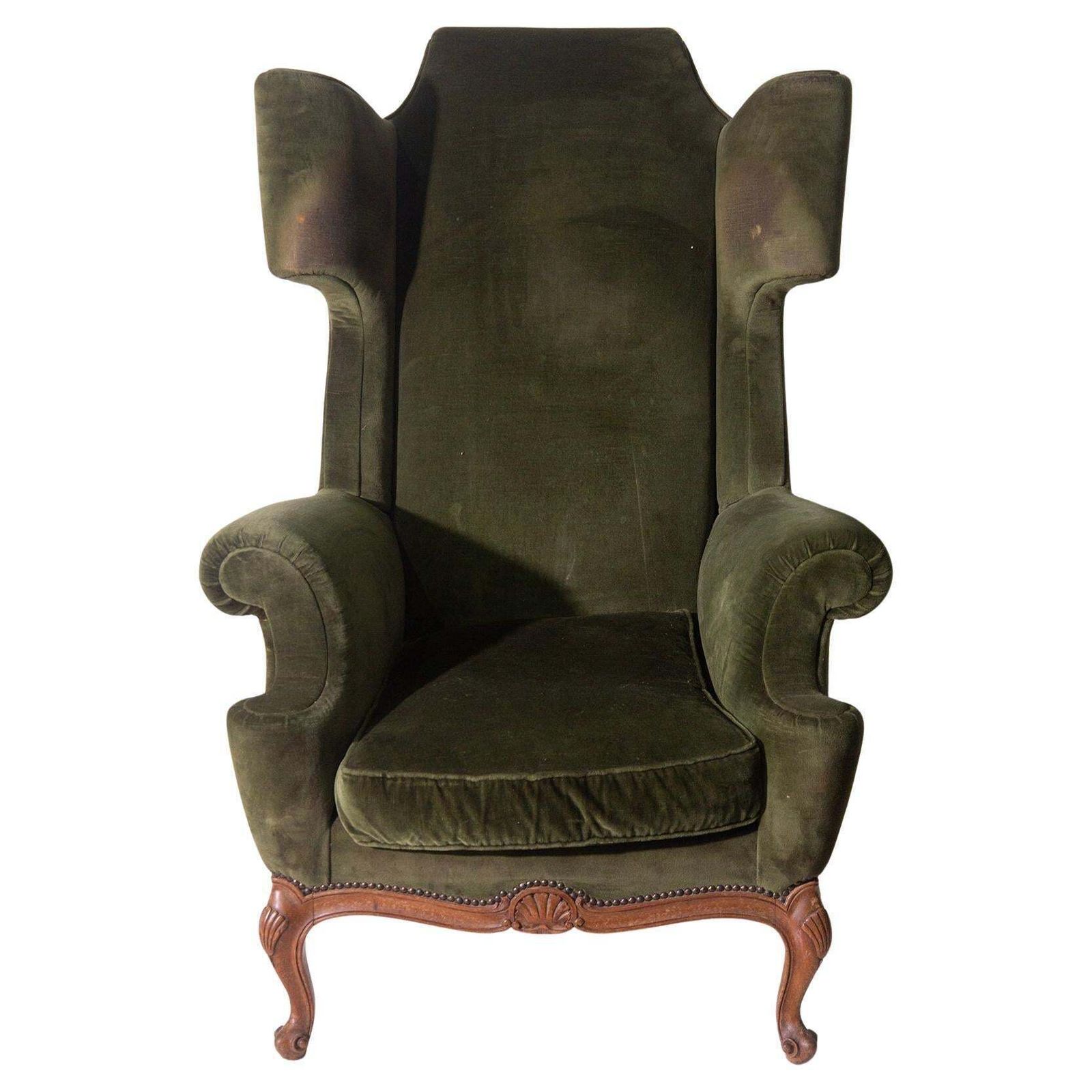 Antique Art Deco French Bergère Armchair In Original Green Velvet