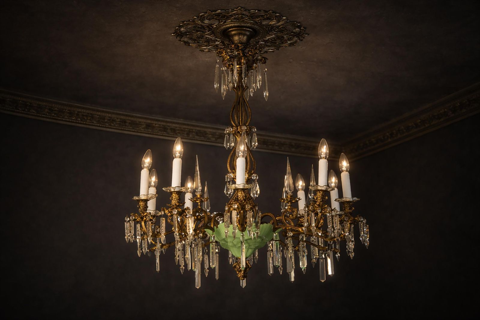 Italian Baroque Chandelier In Gilded Bronze With Green Glass Leaves And Crystal photo for sale