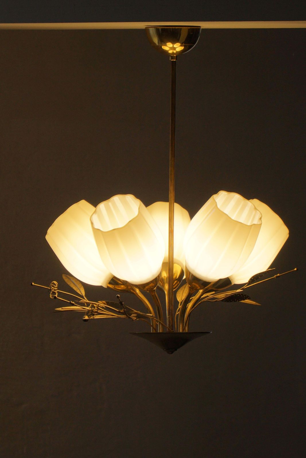 Mid Century Modern, Five Light Ceiling Lamp, Opaline Glass Shades, Itsu, Finland photo for sale